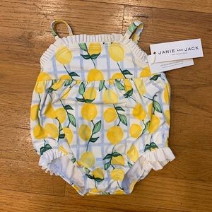 NWT Janie And Jack Girl’s Youth 0-3 M Lemon Print One Piece Bathing Suit Ruffles